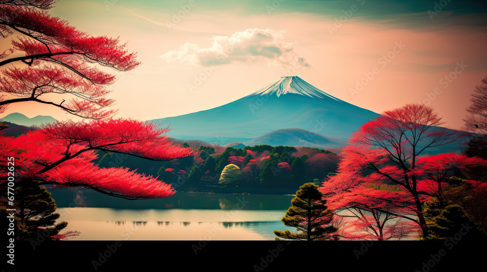 mountain in autumn, Summer in Japan mountain lake colorful trees ,mountain and blossoms