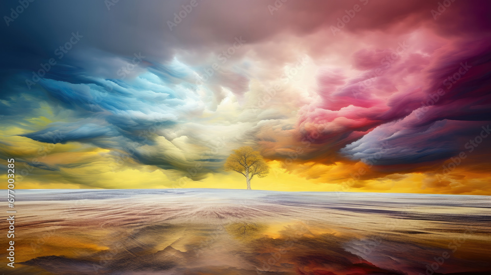 landscape with colorful clouds and sun