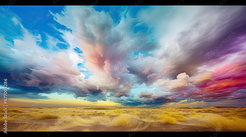 landscape with colorful clouds and sun