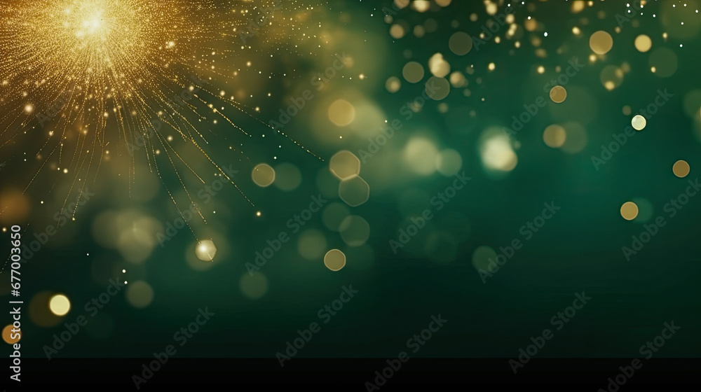 Happy New Year, Beautiful creative holiday background with fireworks and Sparkling on green background, space for text	 