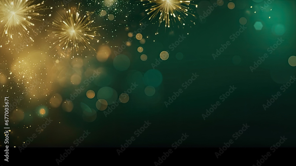 Happy New Year, Beautiful creative holiday background with fireworks and Sparkling on green background, space for text	 