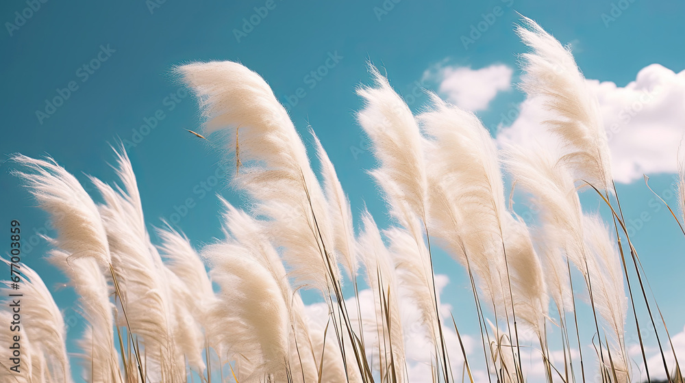 Pampa grass with light blue sky and clouds, grass and sky