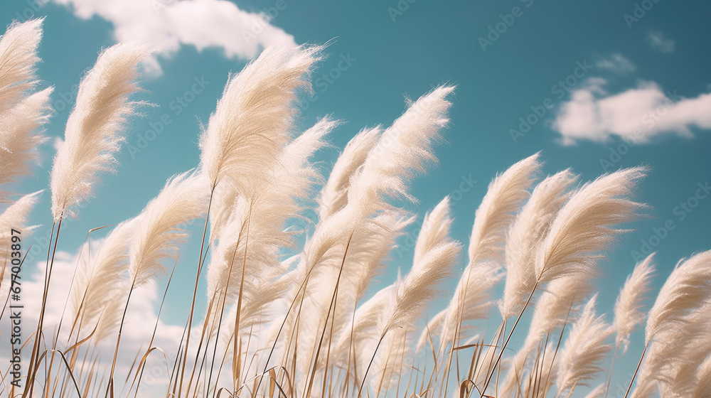 Pampa grass with light blue sky and clouds, grass and sky