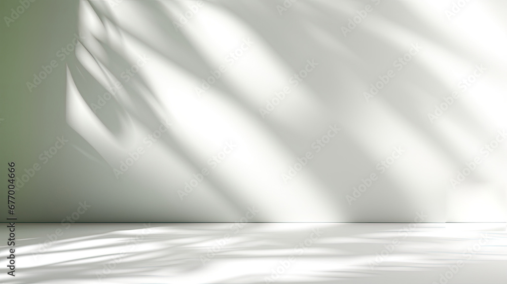 Abstract minimal empty soft green and white 3d room background. Modern Studio showcase with copy space. Mock up scene with natural window shadows, dappled light overlay effect. empty room