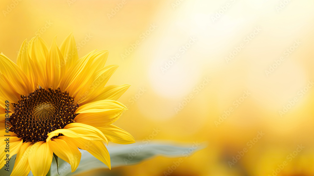 Sunflowers on a yellow background. Copy space. Top view