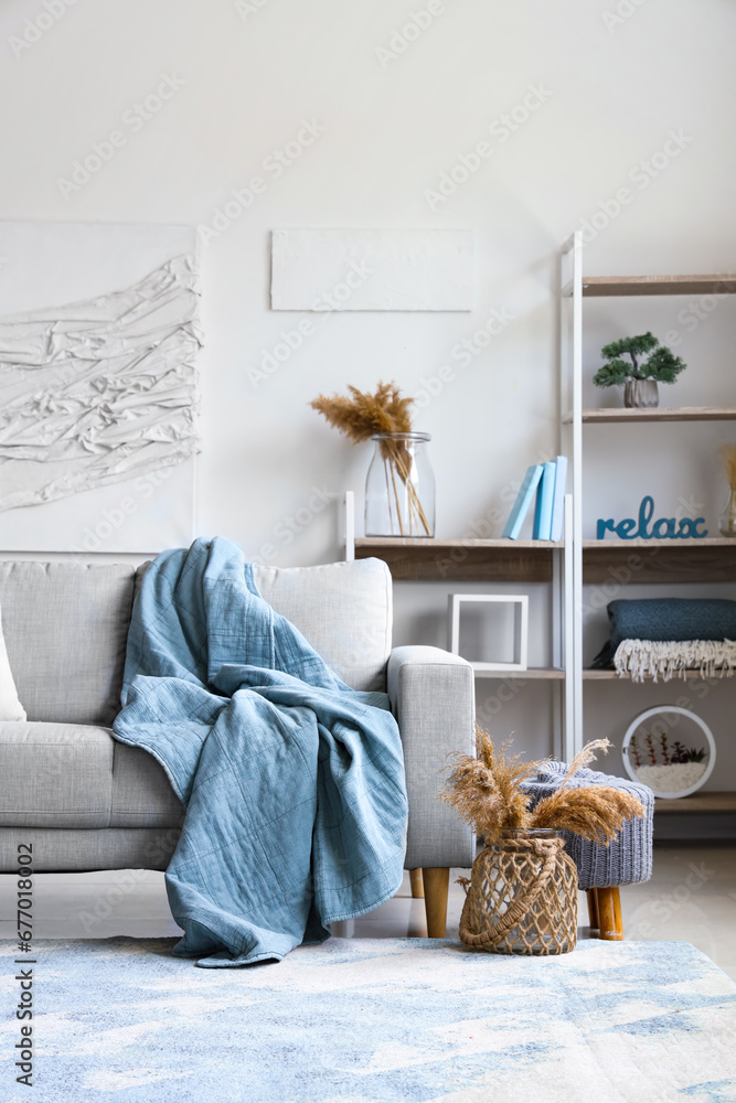 Cozy grey sofa with soft blanket, pouf and pampas grass in interior of light living room