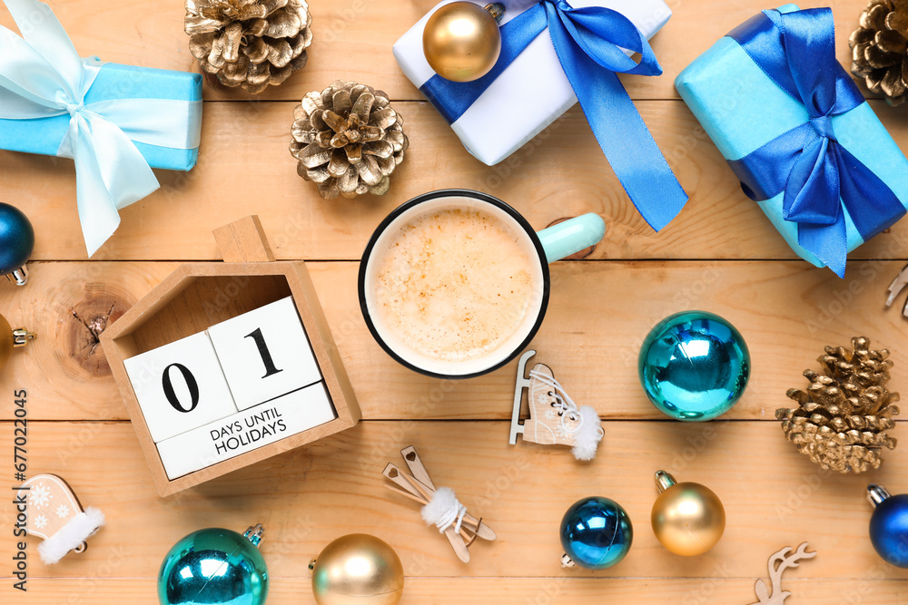 Beautiful composition with mug of coffee and Christmas decor on wooden background