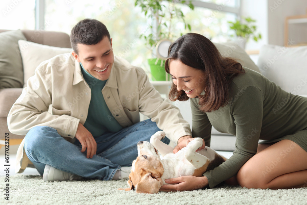 Young couple with cute Beagle dog at home