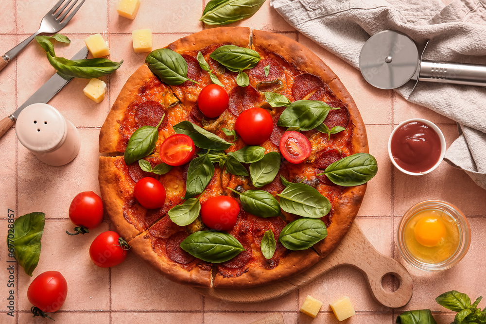 Wooden board of delicious Pepperoni pizza with tomatoes and basil on pink tile background