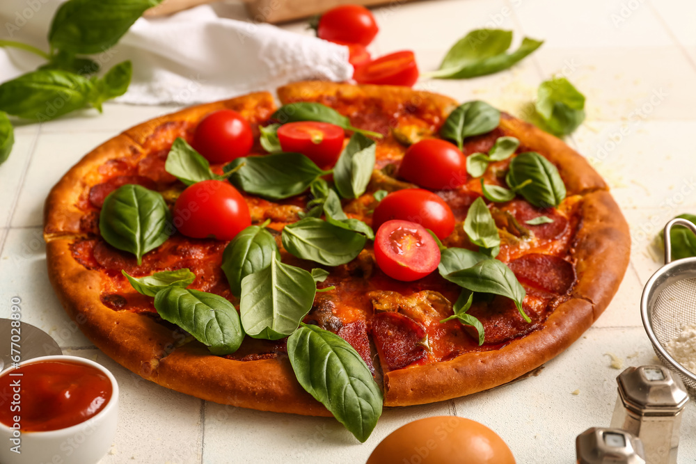 Delicious Pepperoni pizza with tomatoes and basil on white tile background