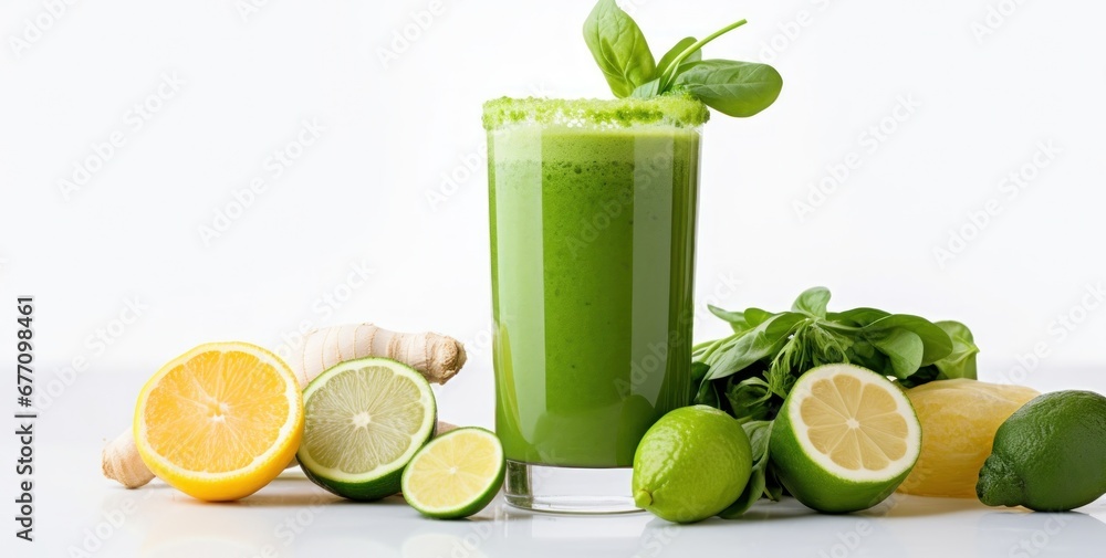 green smoothie accompanied by citrus fruit and fresh veggies on white background