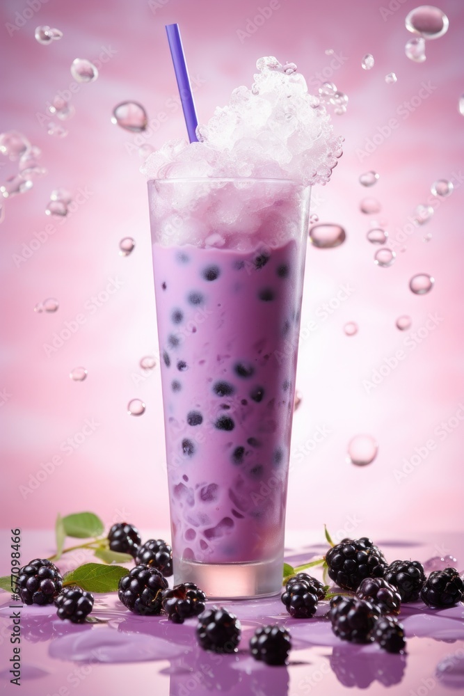 a glass of bubble tea products suspended in the air