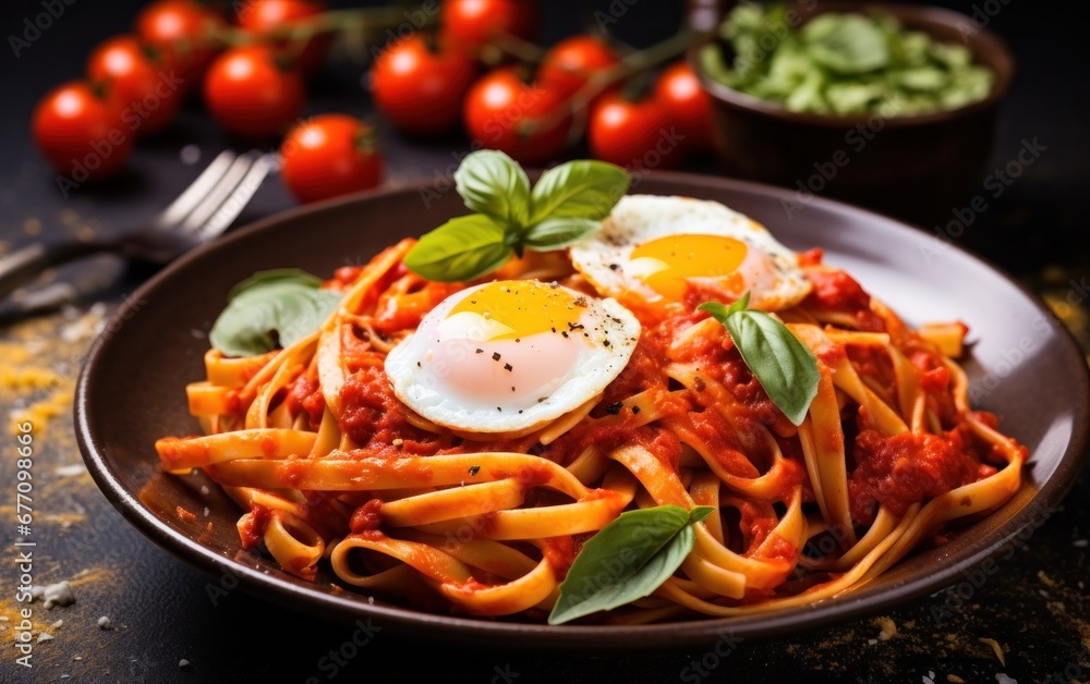 spagetti w seafood with sauce on wooden table