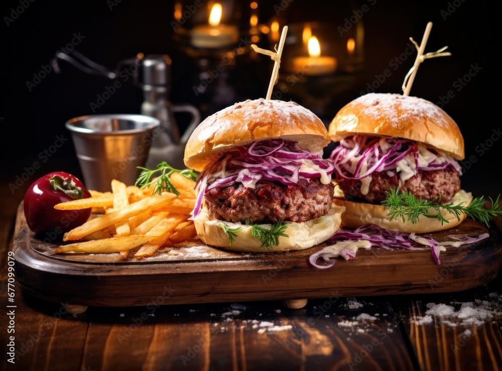 beef burger from a supper in the restaurant with onion