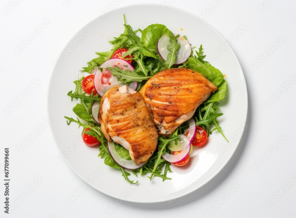 top view of chicken and salad on a white plate