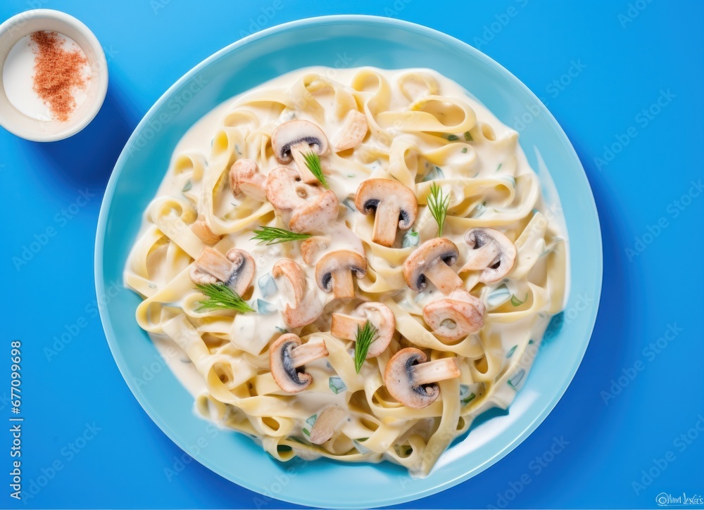 creamy salmon fettucine with mushrooms on a blue table