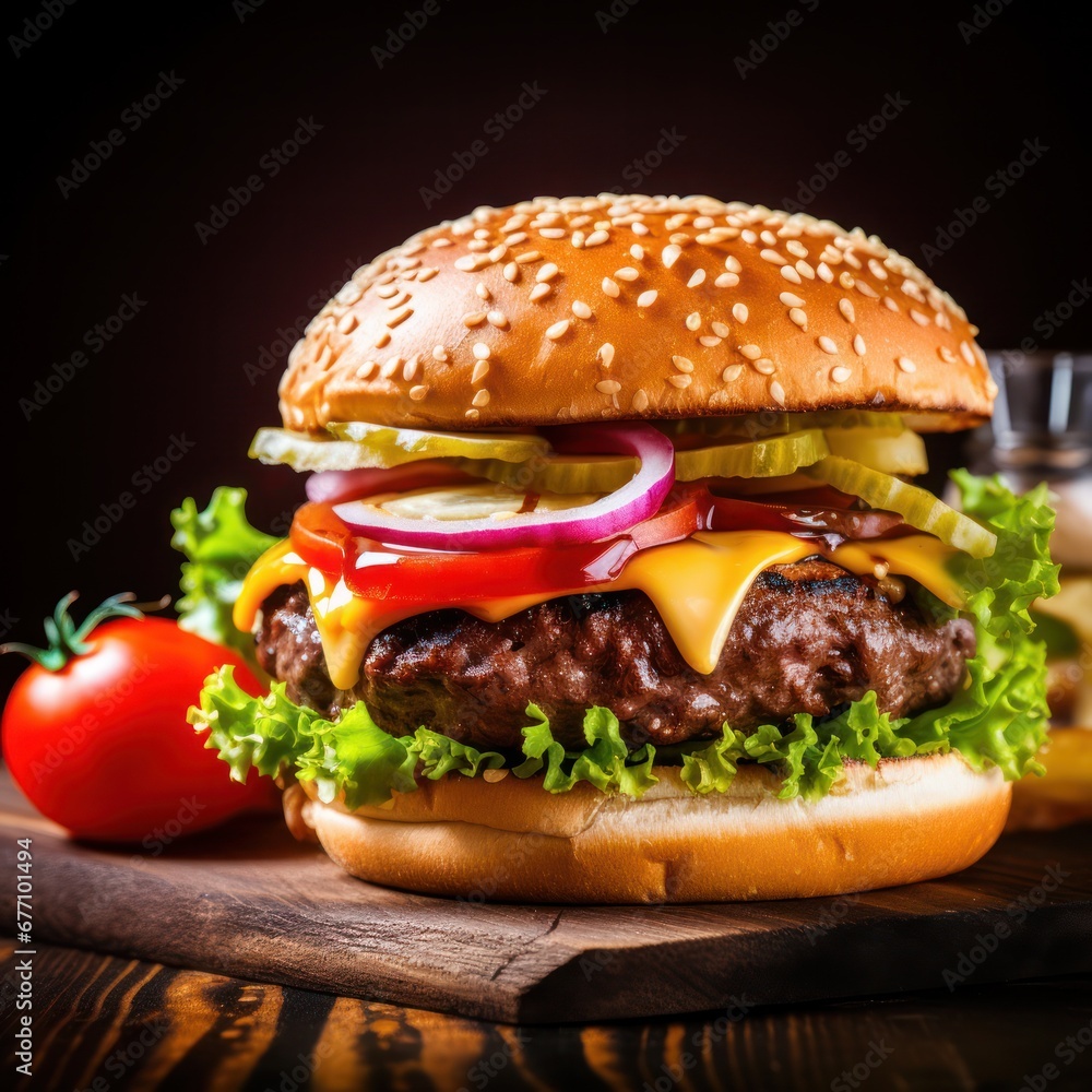 hot tasty beef burger on wood