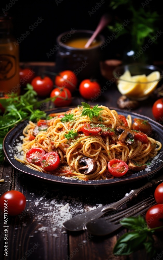 spagetti w seafood with sauce on wooden table