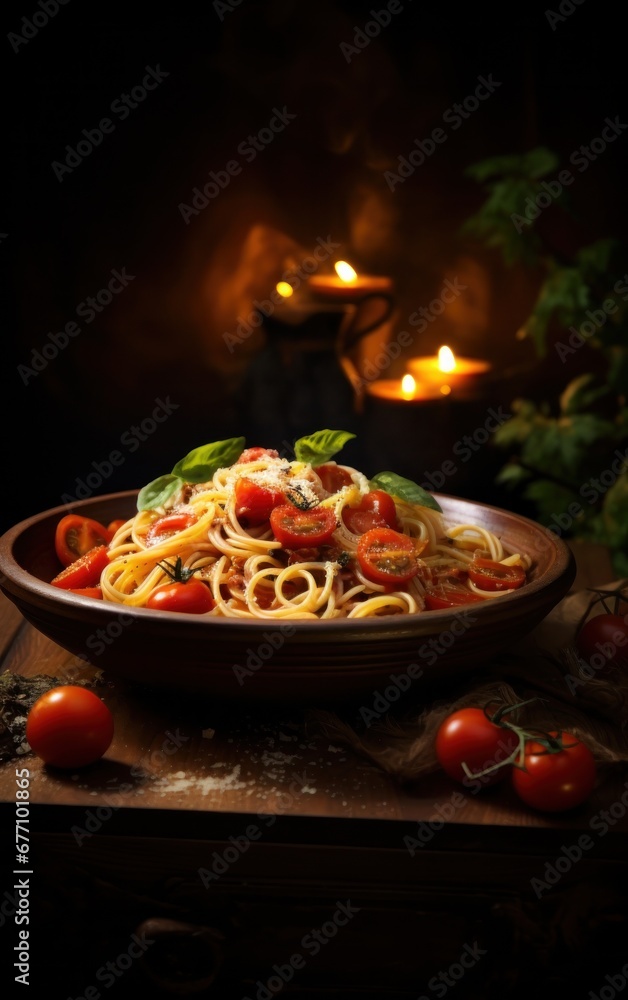 spagetti w seafood with sauce on wooden table