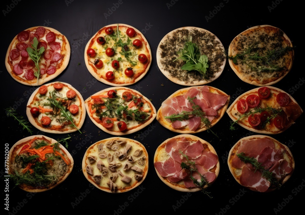 various pizza and pasta in various colors on a table