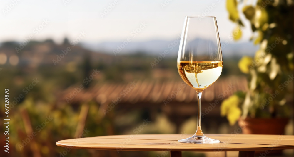 Elegant glass of white wine on blurres background with wine grapes in winery. Young wine. Generative AI