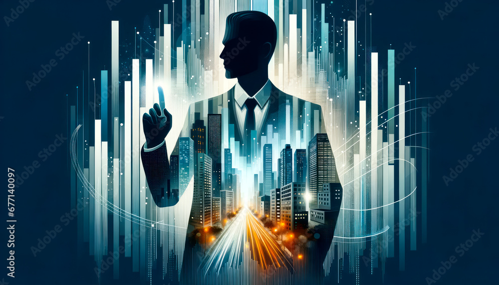 Silhouette of successful businessman on cityscape background. Ambition concept. Double exposure. Generative AI