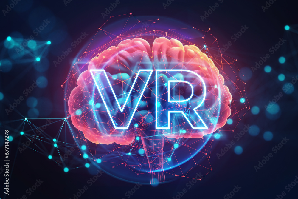 Brain with VR inscription in a digital network. Generative AI