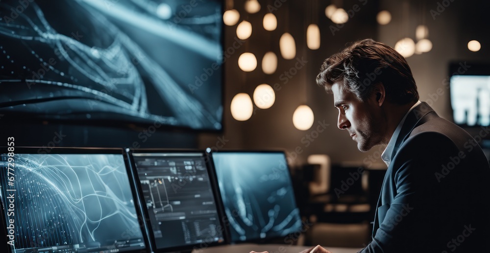 Talented Young male Professional Working in a Technological Research and Development Agency. Computer Screens with Software Code and Technical Neural Network Diagrams. Multiscreen set up