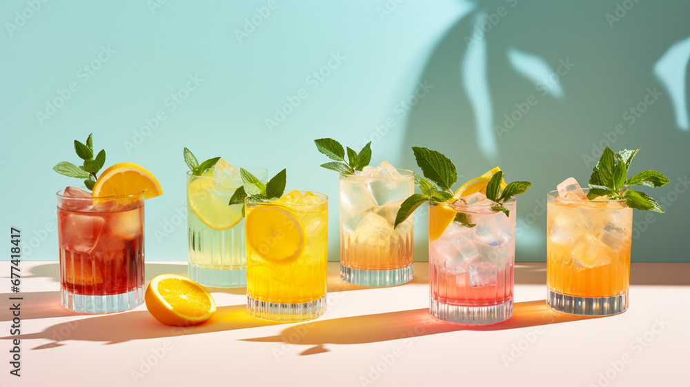 Cold summer cocktails, on a minimal pastel background