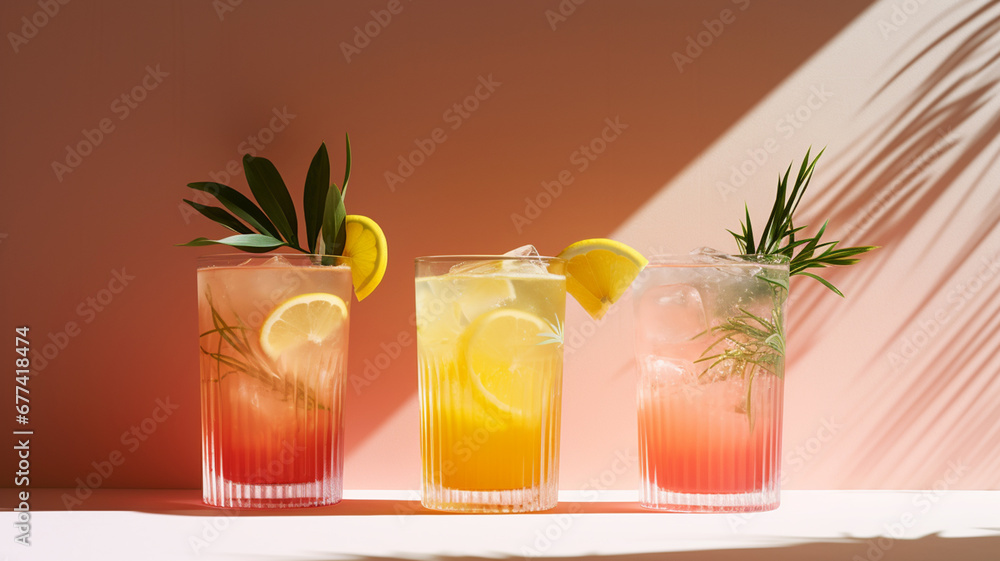 Cold summer cocktails, on a minimal pastel background