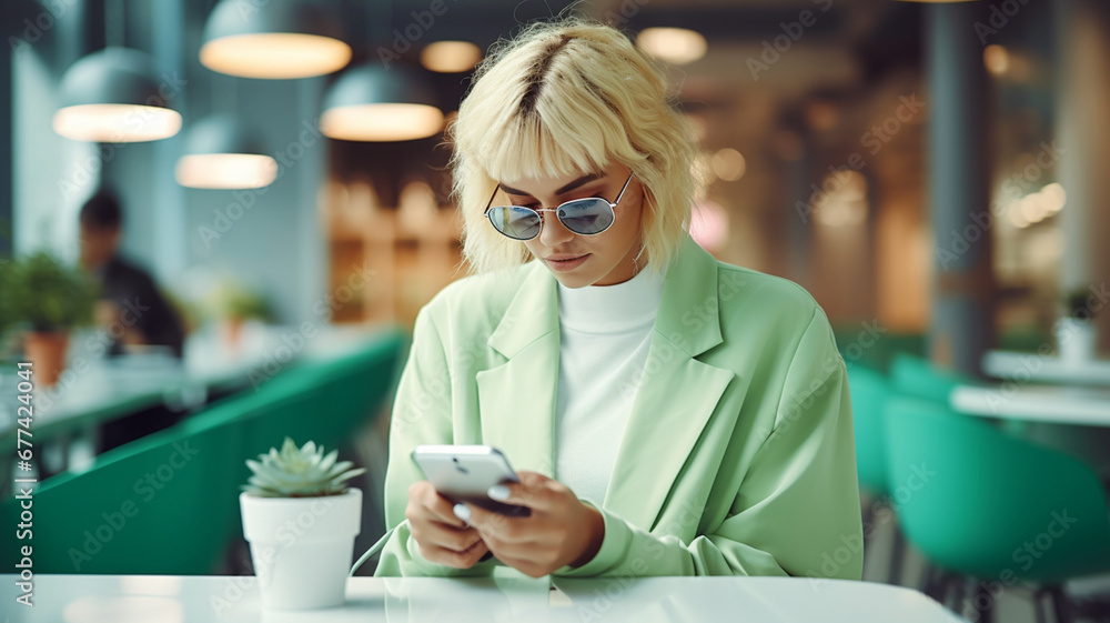 Fashionable young woman using her phone in a luxury cafe