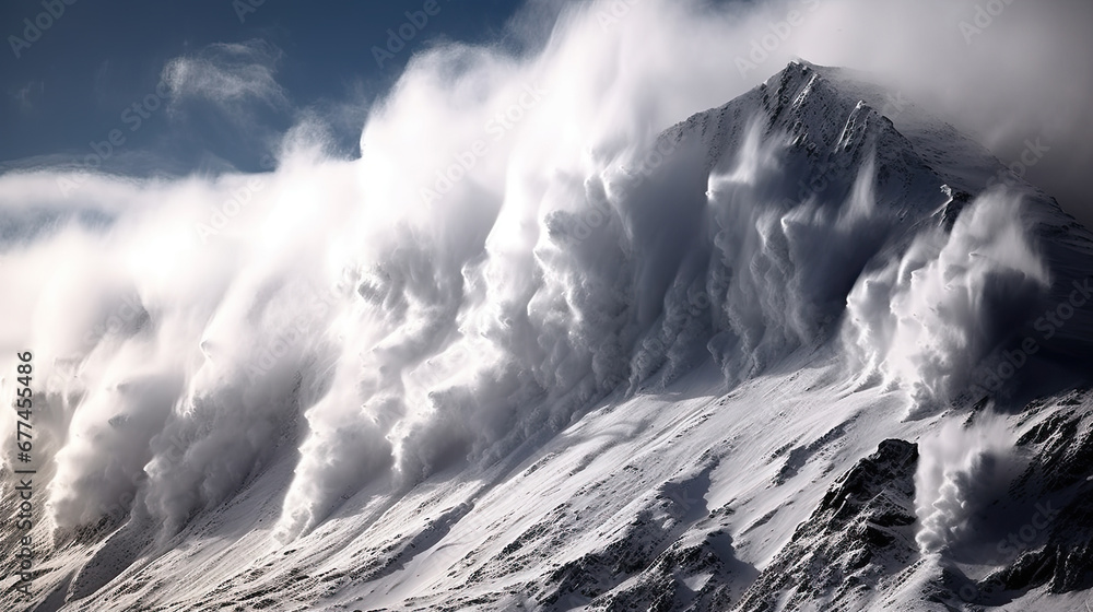 glacier in the mountains, Huge powerful snowslide snow dust flowing down from rock summit. Natural disaster, climate change and nature