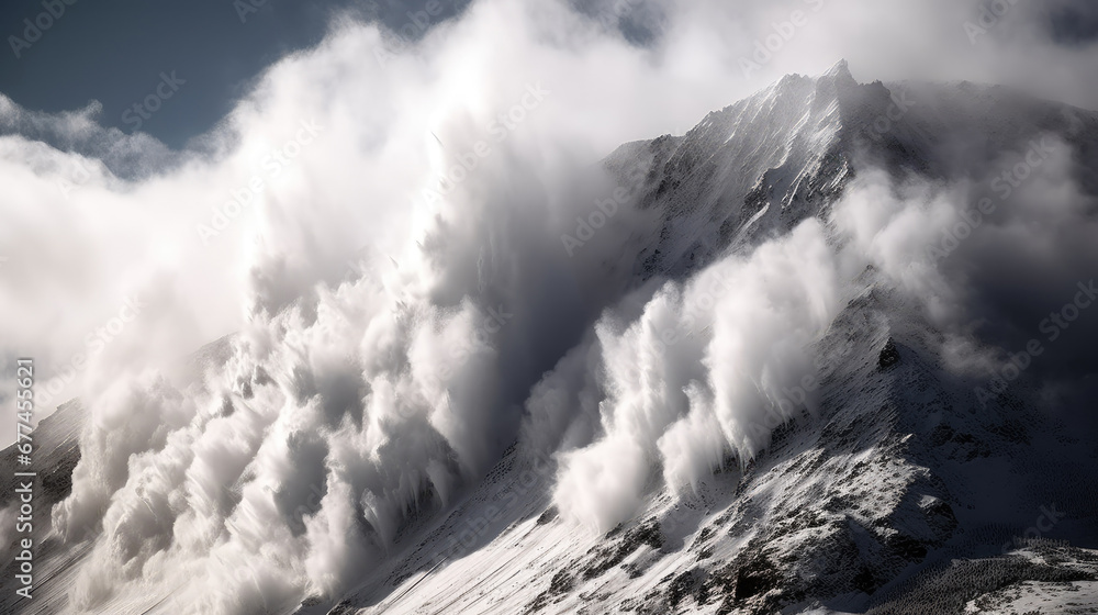 glacier in the mountains, Huge powerful snowslide snow dust flowing down from rock summit. Natural disaster, climate change and nature