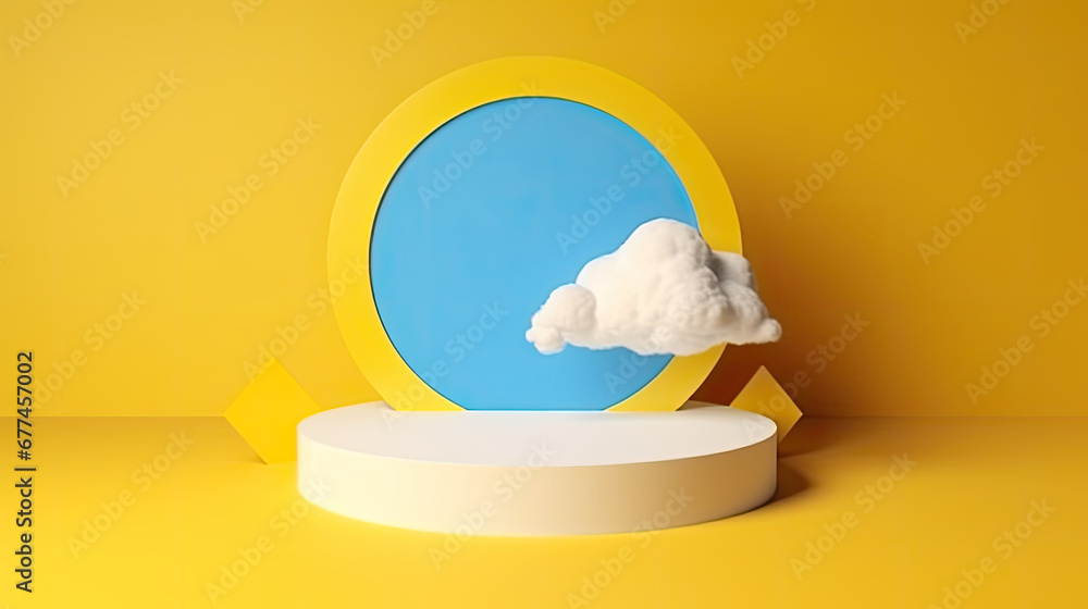  3d render, abstract sunny yellow background with white clouds and blue round hole. Simple geometric showcase scene with empty podium for product presentation