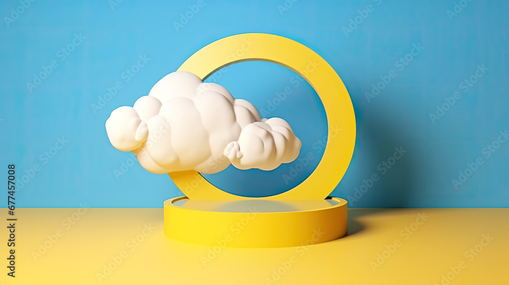  3d render, abstract sunny yellow background with white clouds and blue round hole. Simple geometric showcase scene with empty podium for product presentation