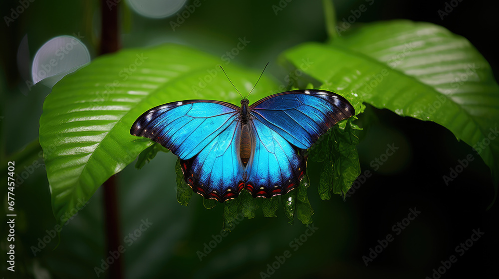 butterfly on a leaf, , Butterfly Blue Morpho, Morpho peleides, in rainforest