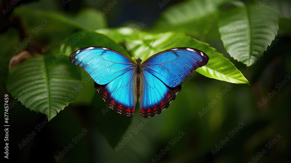 butterfly on a leaf, , Butterfly Blue Morpho, Morpho peleides, in rainforest