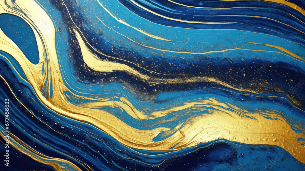 Luxury gold and blue liquid wavy marbled texture abstract background. Deep blue indigo fluid wave with shiny golden powder grain glitter with elegant marble tile pattern