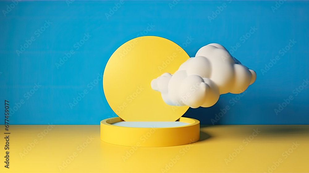  3d render, abstract sunny yellow background with white clouds and blue round hole. Simple geometric showcase scene with empty podium for product presentation