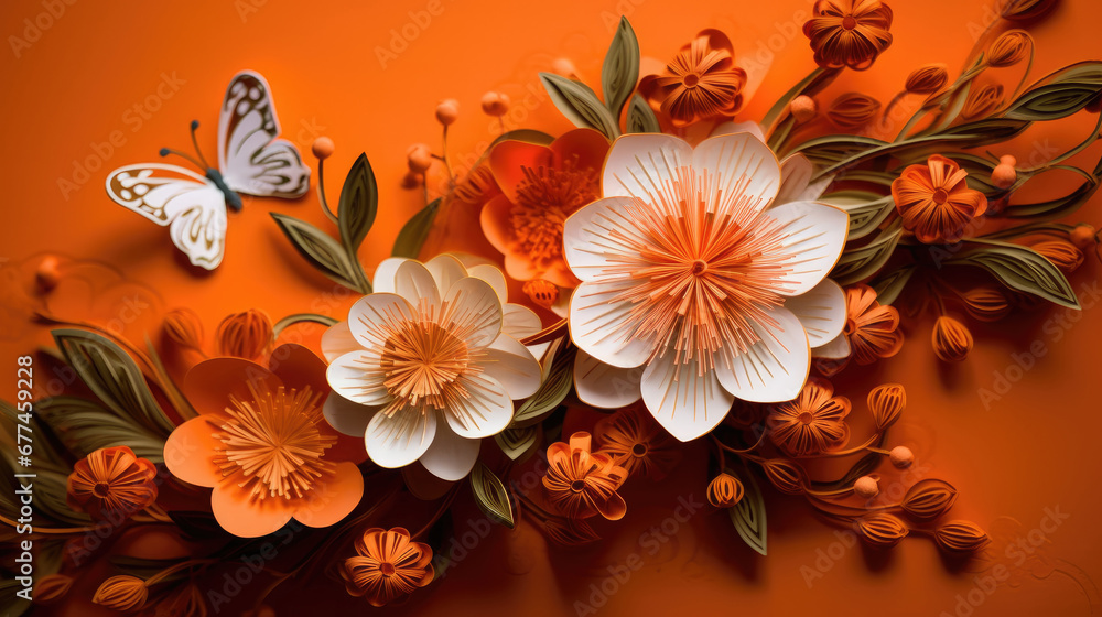  orange flower with chinese dragons attached to floral wire, in the style of delicate paper cutouts, 