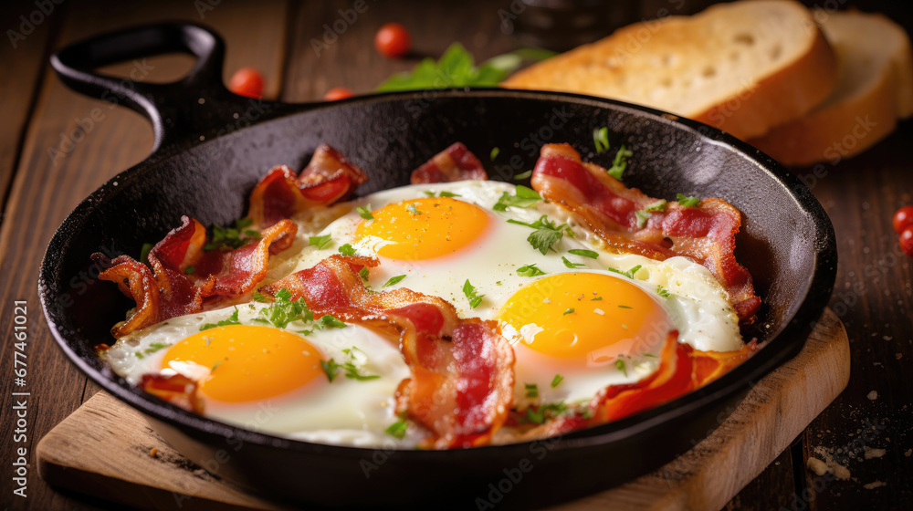 delecious  fried eggs with bacon  in a frying pan, Bacon and eggs in a pan. breakfast food