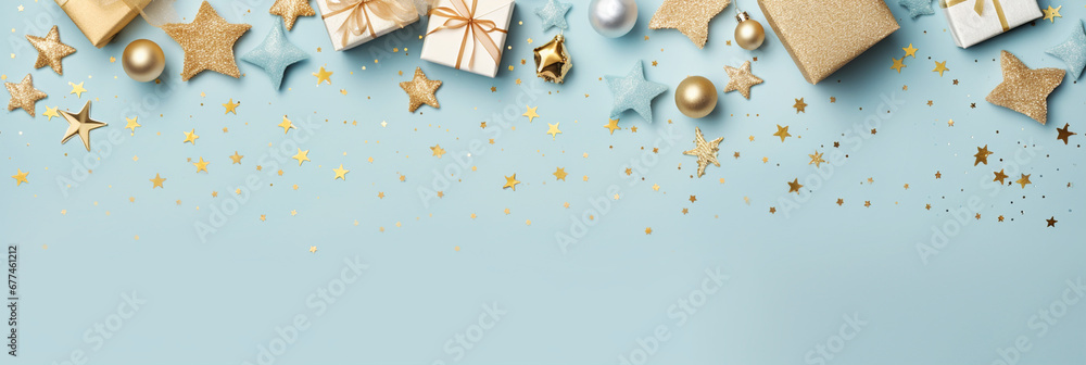 Christmas present gift boxes on a light blue background