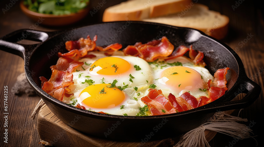 delecious  fried eggs with bacon  in a frying pan, Bacon and eggs in a pan. breakfast food