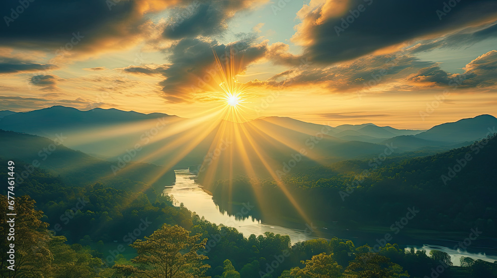 sunset over the mountains, Tropical landscape panorama with sunset or sunrise dramatic sky.