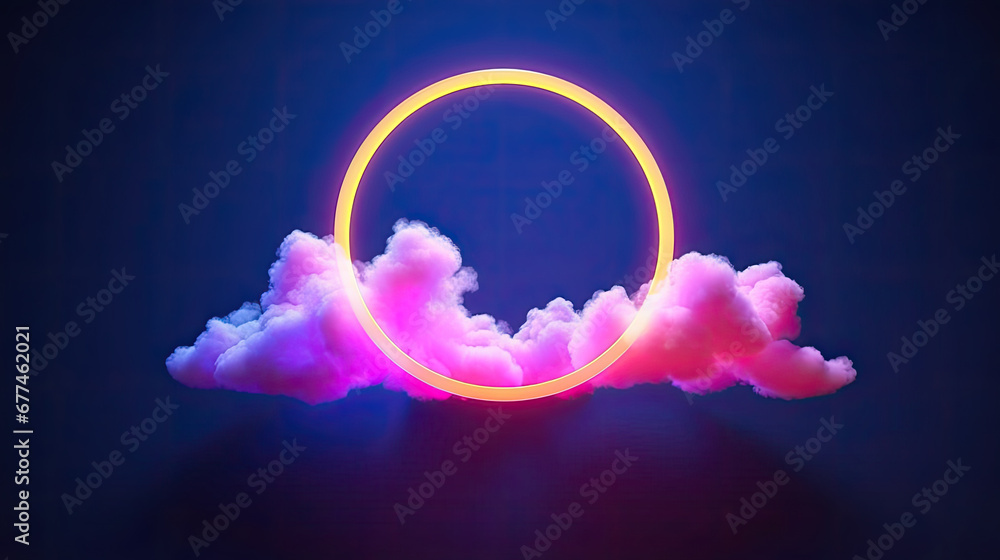 background with glowing lights, 3d render, abstract cloud illuminated with neon light ring on dark night sky. Glowing geometric shape, round frame