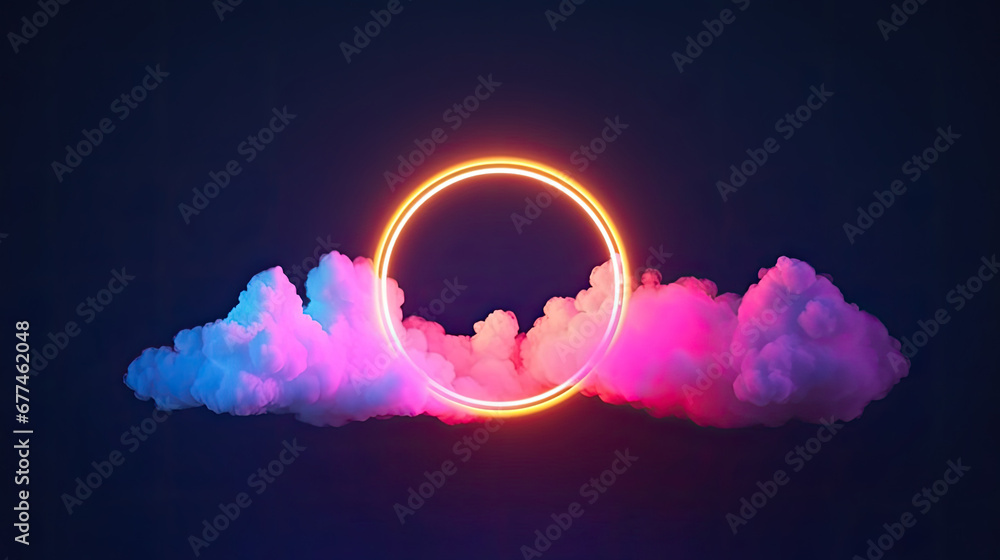 background with glowing lights, 3d render, abstract cloud illuminated with neon light ring on dark night sky. Glowing geometric shape, round frame