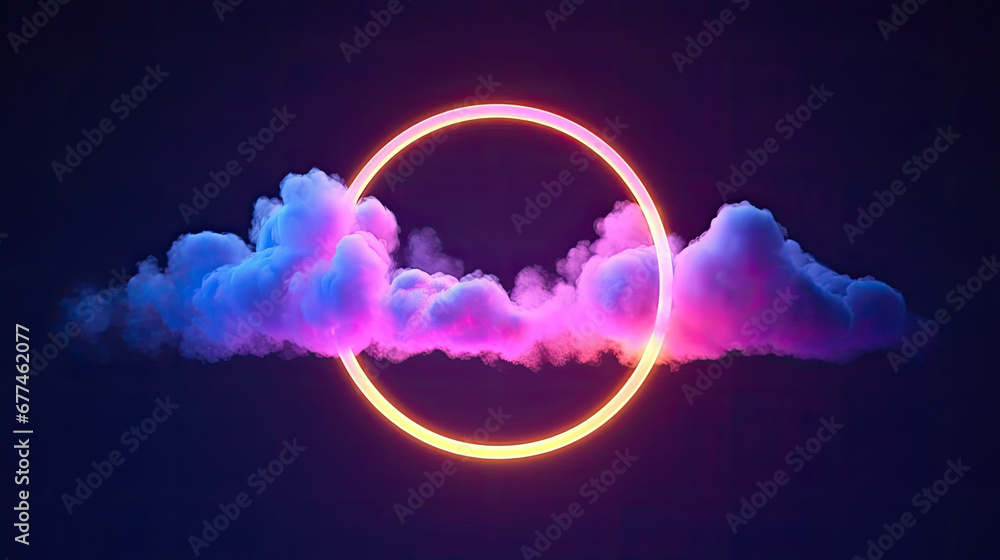 background with glowing lights, 3d render, abstract cloud illuminated with neon light ring on dark night sky. Glowing geometric shape, round frame