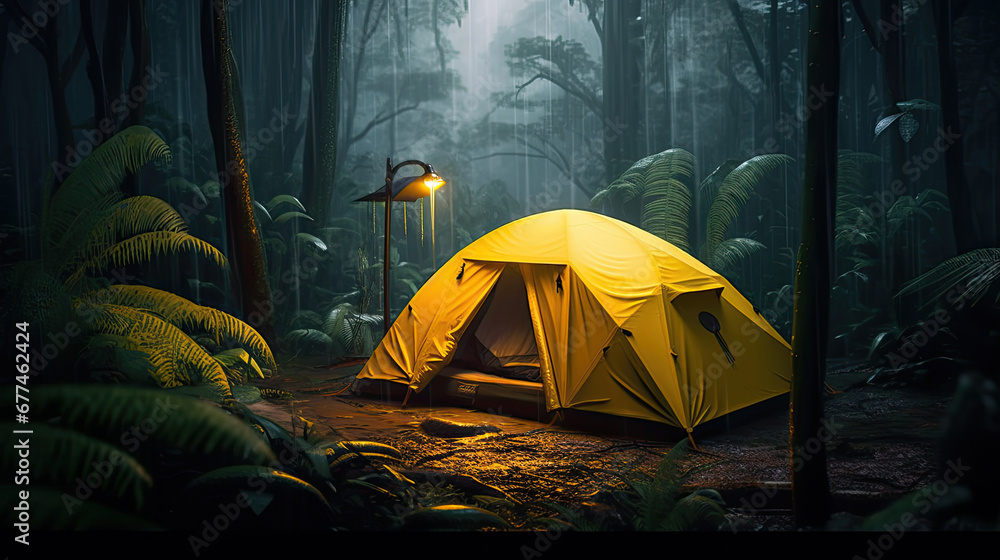 camping in the night, tent in the forest, rain on the tent in the forest, 