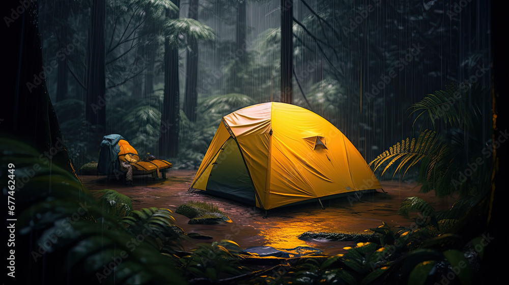 camping in the night, tent in the forest, rain on the tent in the forest, 