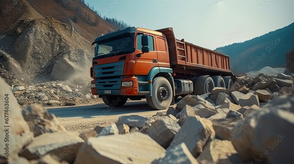 truck on the road, A truck with a body filled with rubble and stones  